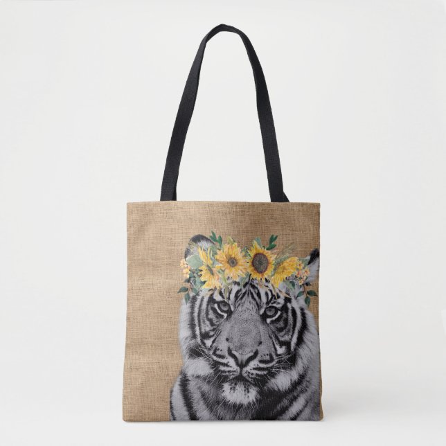 Bolsa Tote Burlap Tigre Black White Sunflower Crown (Frente)