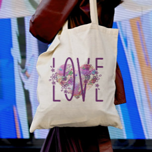 Bolsa Tote Butterfly Heart Floral Love Text Cute Purple Boho