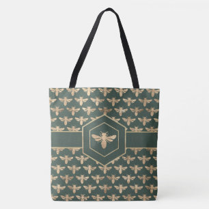 Bolsa Tote Buzzz - Padrão de MelBee Dourado elegante em verd