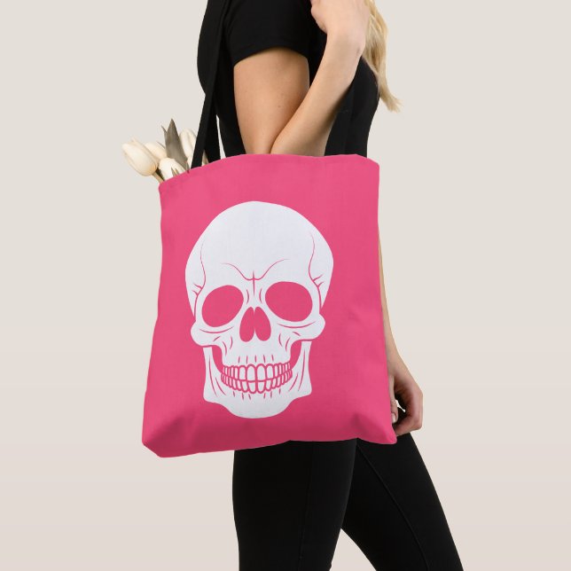 Bolsa Tote Cabeça de Crânio Rosa e Branco Assustador de Hallo (Close Up)