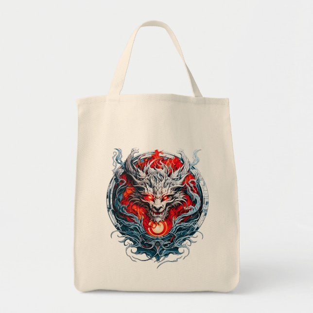 Bolsa Tote Cabeça de Dragão Mítico com Chama Vermelha de Fogo (Frente)