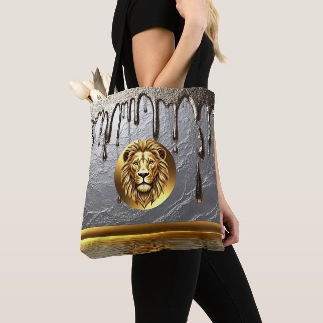 Bolsa Tote Cabeça de Leão Dourado Com Efeito de Gotejamento M (Close Up)