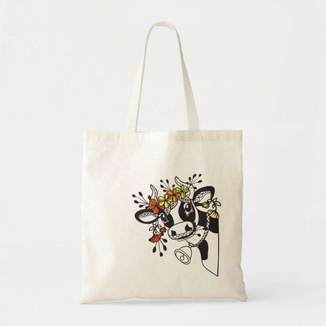 Bolsa Tote Cabeça de vaca engraçada com flores (Frente)