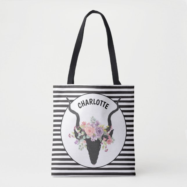 Bolsa Tote Cabeça de veado e rosas personalizados (Frente)
