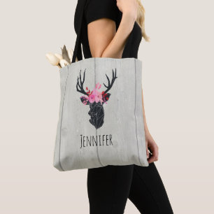 Bolsa Tote Cabeça geométrica dos cervos com coroa floral