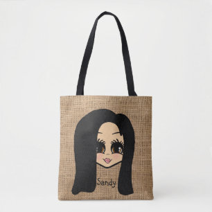 Bolsa Tote Cabelo preto Impressão de Juta de Caricatura Perso