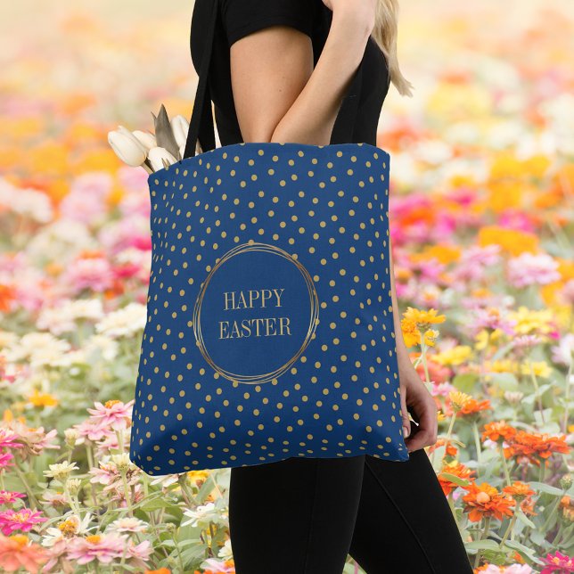 Bolsa Tote Caça ao Ovo de Felz pascoa Cristã Elegante das Bol (Elegant Blue Gold Polka Dots Christian Catholic Happy Easter Egg Hunt Tote Bag)