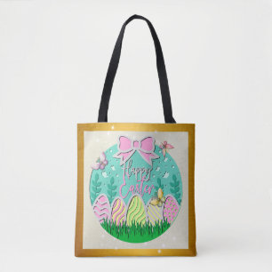 Bolsa Tote Caça ao Ovo de Páscoa Fofa e Borboletas Coloridas