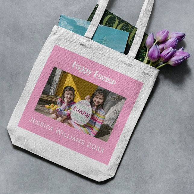 Bolsa Tote Caça de Ovos de Cuta Fotográfica com Nome Personal (Criador carregado)