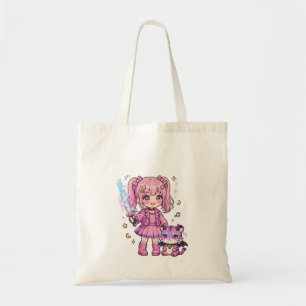 Bolsa Tote Caçadora de Demônios Kawaii Rosa Fofa com Espada M