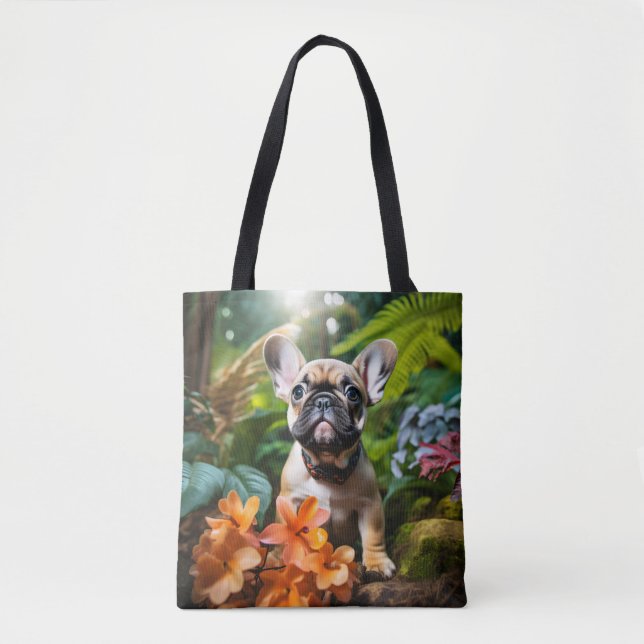 Bolsa Tote 😍Cachorrinho francês doce em uma selva (Frente)