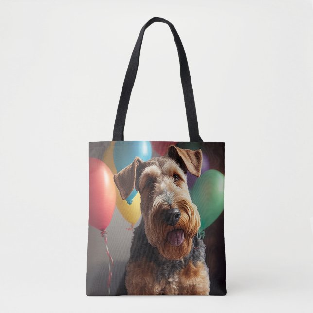 Bolsa Tote Cachorro Airedale com bolo e balões (Frente)