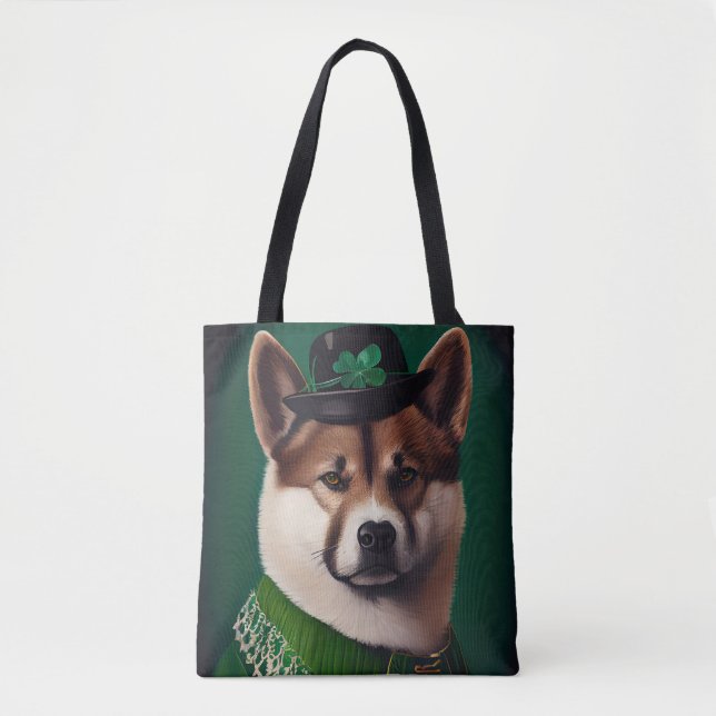 Bolsa Tote Cachorro Akita vestido para o Dia de São Patrício (Frente)