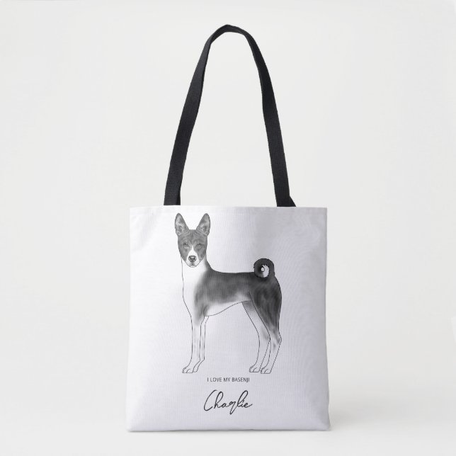 Bolsa Tote Cachorro Basenji Fofo em Preto e Branco & Texto Pe (Frente)