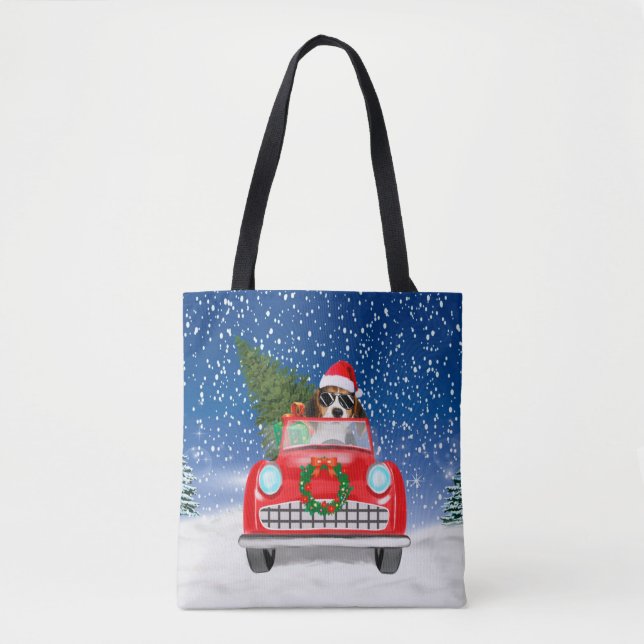 Bolsa Tote Cachorro Beagle Dirigindo Carro Na Neve Natal  (Frente)