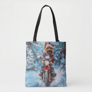 Bolsa Tote Cachorro Biewer Terrier Pilotando Moto no Natal