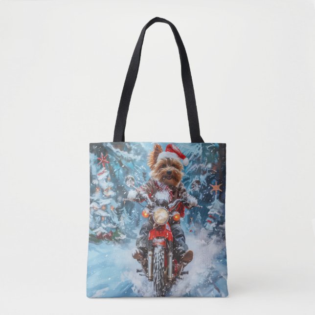 Bolsa Tote Cachorro Biewer Terrier Pilotando Moto no Natal (Frente)