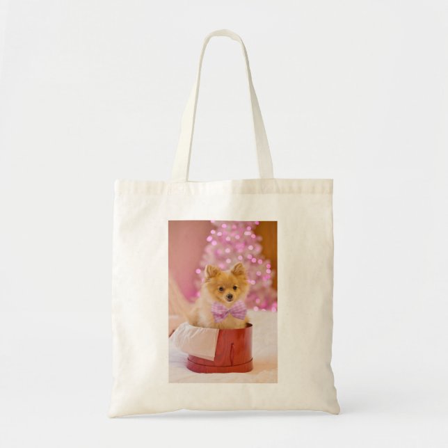 Bolsa Tote Cachorro Bonito com Foto de Natal de Arco Rosa (Frente)