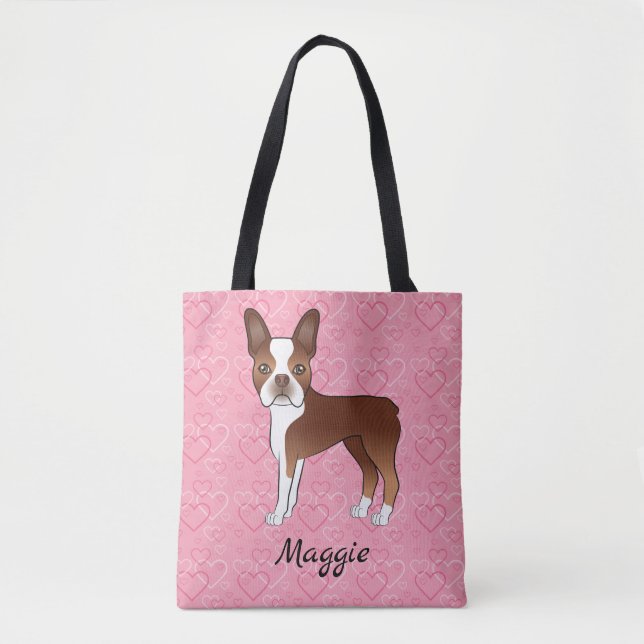 Bolsa Tote Cachorro Boston Terrier Vermelho e Branco em Coraç (Frente)