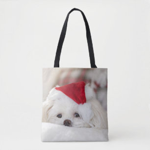 Bolsa Tote Cachorro Branco bonito num chapéu de Natal Vermelh