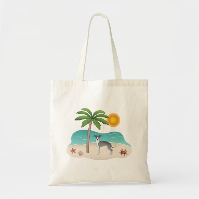 Bolsa Tote Cachorro Branco E Azul Em Uma Praia Tropical De Ve (Frente)