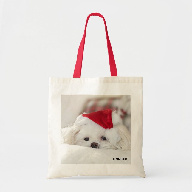 Bolsa Tote Cachorro Branco giro em chapéu vermelho de Natal (Frente)