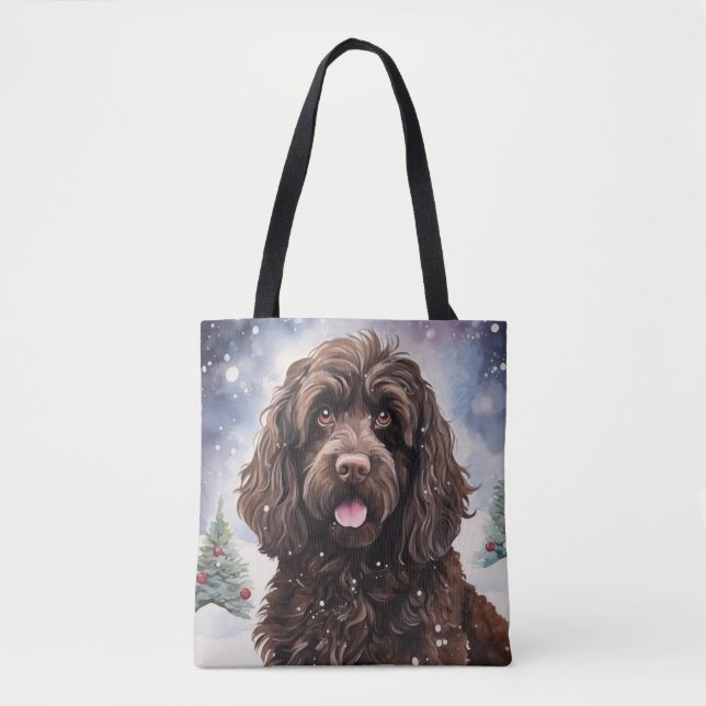 Bolsa Tote Cachorro Chocolate Cockapoo em Cena de Inverno (Frente)