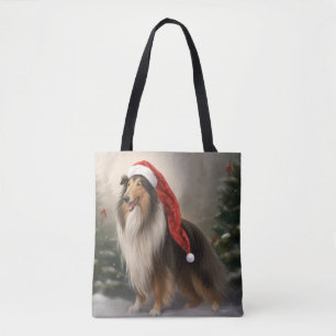 Bolsa Tote Cachorro Collie em Snow Christmas