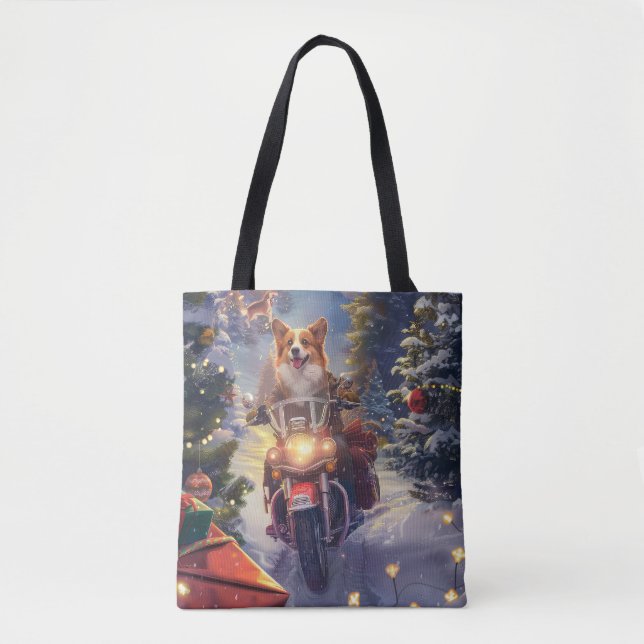 Bolsa Tote Cachorro Corgi Pilotando Motocicleta Natal (Frente)