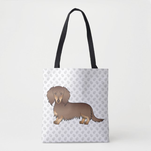 Bolsa Tote Cachorro Dachshund de Cabelo Longo Chocolate e Beg (Frente)