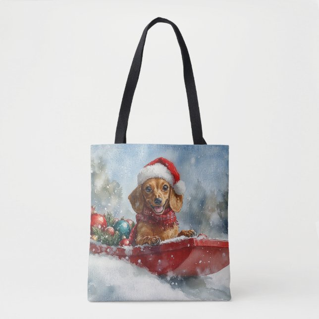Bolsa Tote Cachorro Dachshund em Trenó Deixe Nevar Natal (Frente)