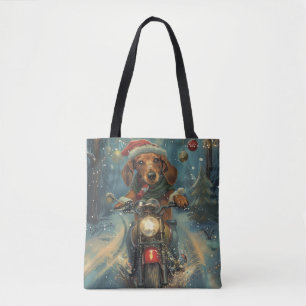 Bolsa Tote Cachorro Dachshund Pilotando Motocicleta Natal