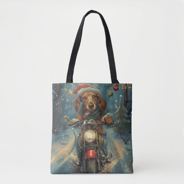 Bolsa Tote Cachorro Dachshund Pilotando Motocicleta Natal (Frente)