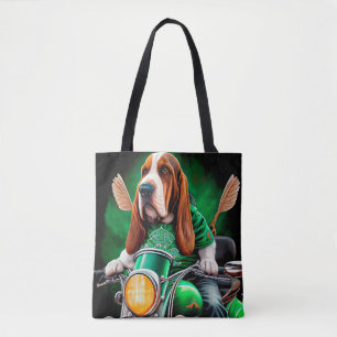 Bolsa Tote Cachorro de Basset dirigindo Rua de bicicleta. Dia