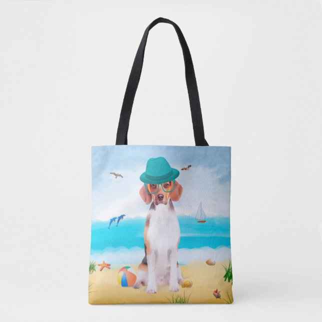 Bolsa Tote Cachorro De Beagle Na Praia (Frente)