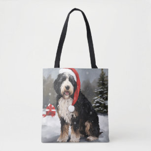 Bolsa Tote Cachorro de Bernedoodle no Natal da Neve