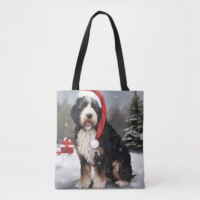 Bolsa Tote Cachorro de Bernedoodle no Natal da Neve (Frente)