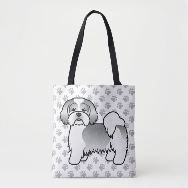 Bolsa Tote Cachorro de desenho animado Lhasa Apso prateado e  (Frente)