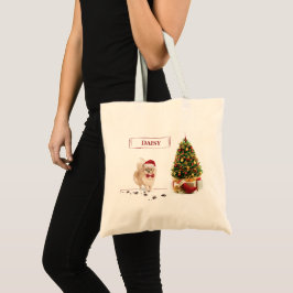 Bolsa Tote Cachorro de Natal Engraçado Pomeraniano com Árvore