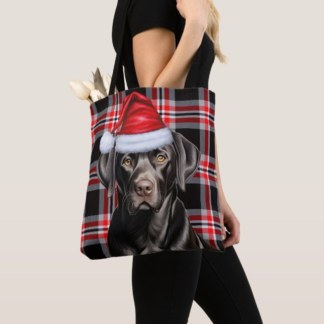 Bolsa Tote Cachorro de Natal Labrador Preto Xadrez Sazonal (Close Up)