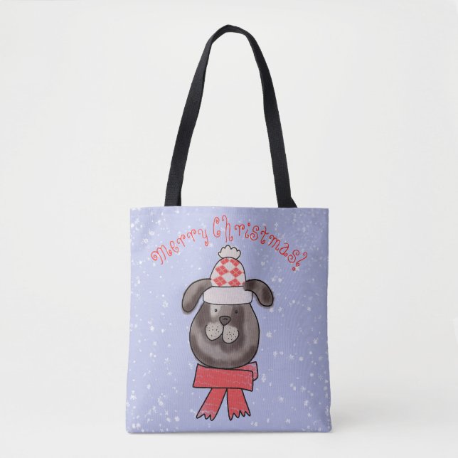 Bolsa Tote Cachorro de Natal vestindo boné e cachecol de malh (Frente)