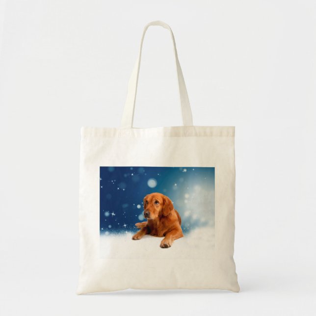 Bolsa Tote Cachorro de Ouro giro sentado em estrelas de neve (Frente)