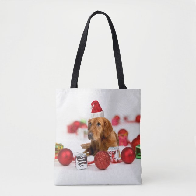 Bolsa Tote Cachorro de ouro W Red Santa Hat (Frente)