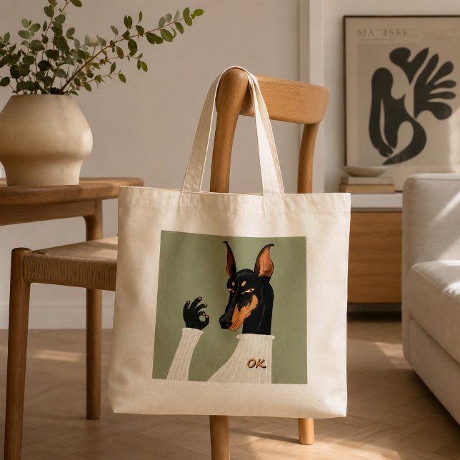 Bolsa Tote Cachorro Doberman Engraçado Fazendo Sinal de OK co (Criador carregado)