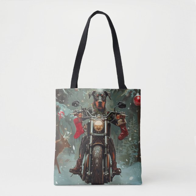 Bolsa Tote Cachorro Doberman Pilotando Motocicleta Natal (Frente)
