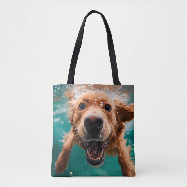 Bolsa Tote Cachorro Feliz da Raça Golden Retriever Nadando Su (Frente)