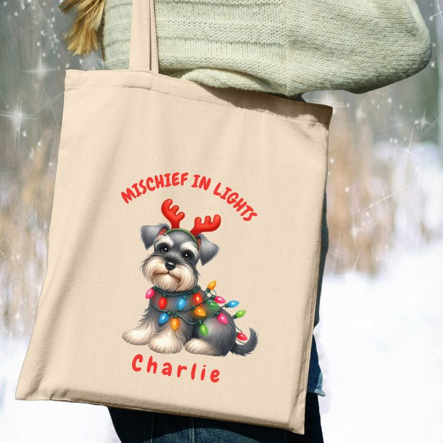 Bolsa Tote Cachorro Festivo De Miniatura Por Aquarela Brincan (Carry festive cheer with this custom fun Mini Schnauzer dog tote bag. A perfect gift for dog lovers.)