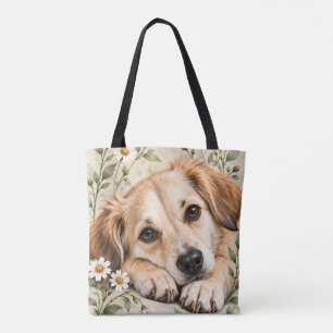 Bolsa Tote Cachorro Fofo com Margaridas Arte Botânica em Aqua