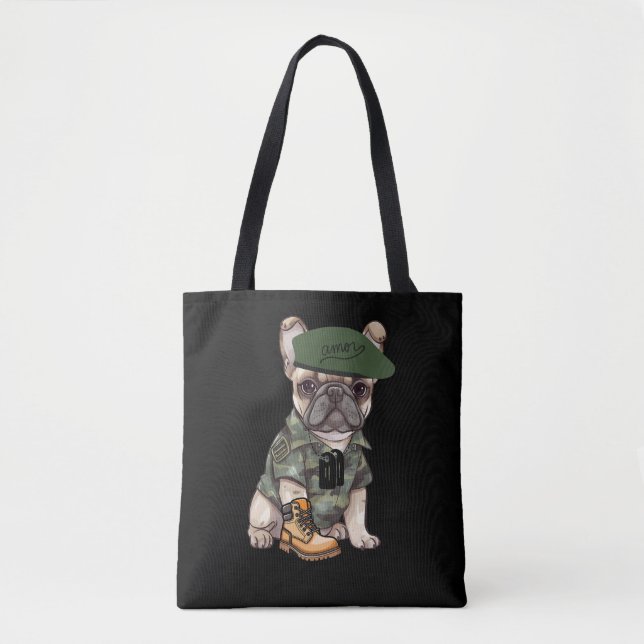 Bolsa Tote Cachorro Francês em Camo Outfit & Green Beret (Frente)