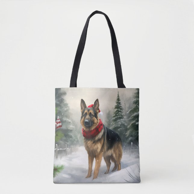 Bolsa Tote Cachorro german shepherd no Natal da Neve (Frente)